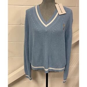 Ellsworth & Ivey Goldman Logo Varsity V-Neck Blue Pullover Sweater Womens XL NWT
